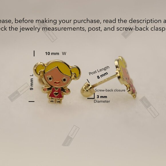 Enamel Girl Stud Earrings For Kids In Solid 14K Gold • Jewelry For Girls. - Picture 8 of 15